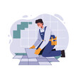 © Cansu - Worker installing floor tiles in blue overalls with tool belt and gloves indoor renovation work vector illustration