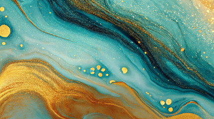 Aufkleber - Luxury gold turquoise with gold liquid paint background, close up glossy texture, mix color liquid splashes, digital art