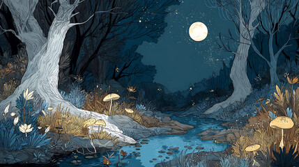 Aufkleber - Illustration of a magical forest scene at night