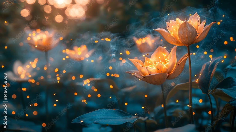 Enchanted moonlit garden glowing flowers and fireflies mystical fog ...