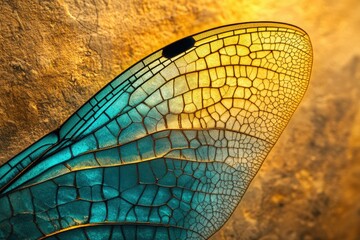 Wall Mural - Intricate dragonfly wing detail showcasing vibrant turquoise and gold hues against a textured background.
