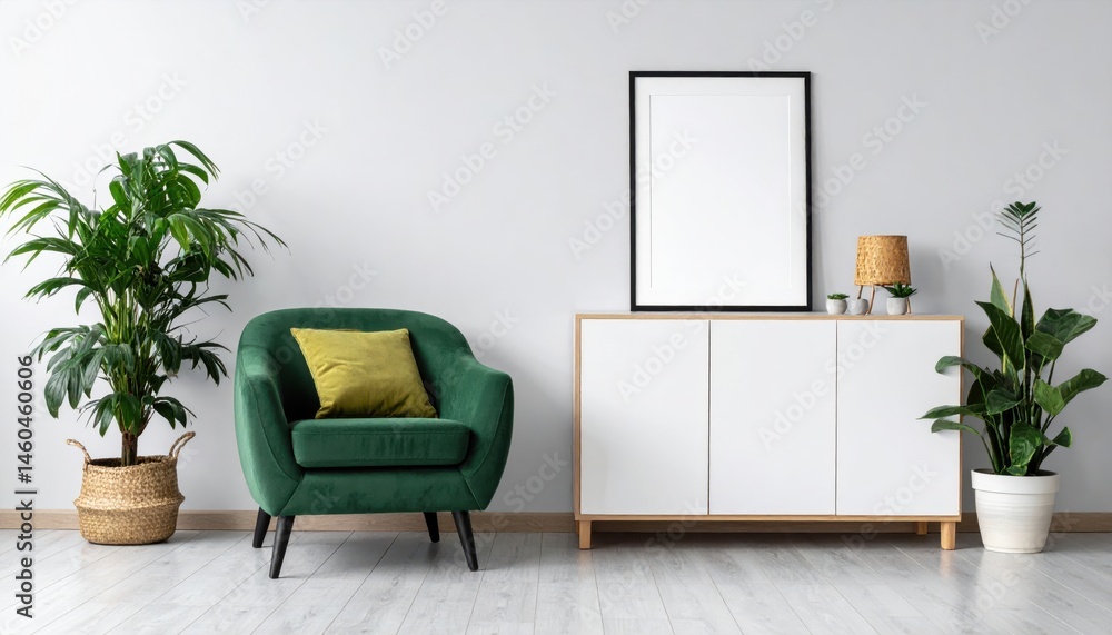 Minimalist composition of living room interior with a green armchair ...