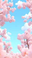 Wall Mural - Cherry blossoms bloom, creating a frame against a bright blue sky with soft, fluffy clouds
