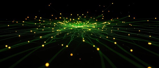 Network Glowing lines with yellow spheres emanate from a central point on a black background