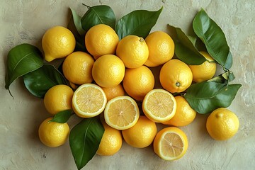 Wall Mural - Fresh bright yellow lemons are clustered together with green leaves on a textured background