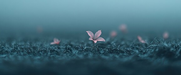 Wall Mural - A soft, misty blue scene with pink flowers on a textured surface