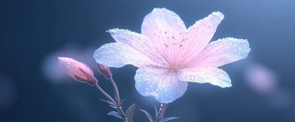 Wall Mural - A delicate white and pink flower blooms with water droplets on its petals, with closed buds nearby
