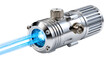 © PS Poppy - Blue Beam Laser: A close-up shot of a sleek, metallic laser device emitting a vibrant, focused blue beam, symbolizing cutting-edge technology and scientific precision.