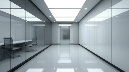  Contemporary office with a straight reflective corridor, glossy surfaces on walls and floor, glass door at the end, soft neutral lighting.  