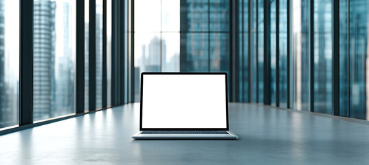 Canvas Print - professional laptop display with png cutout screen for branding in a high-rise office with transpare