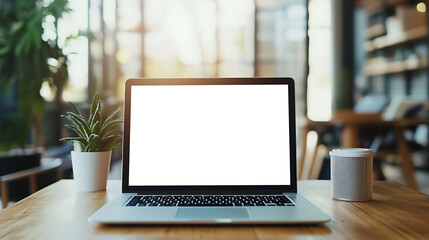 Canvas Print - minimal office setup with laptop and transparent png cutout screen on wooden table, copy space on ri