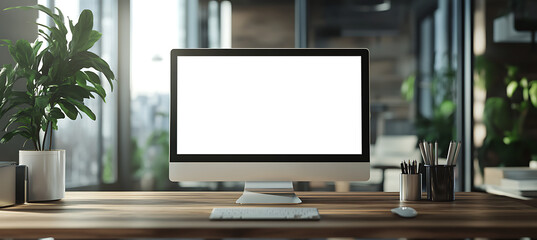 Wall Mural - transparent png cutout of a computer led screen placed on a clean office table background with space