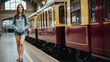 © vulcan - Young woman walking by vintage train, casually dressed brunette, exploring retro station, perfect for travel inspiration. Isolated on white background or PNG