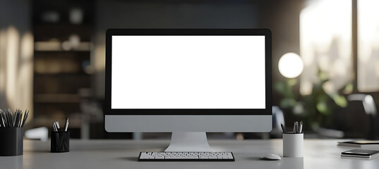 Wall Mural - transparent png cutout of a computer led screen placed on a clean office table background with space