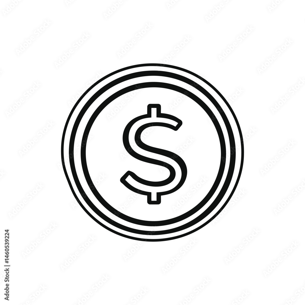 Isolated Coin Icon with Dollar Sign Outline Style on Transparent Background