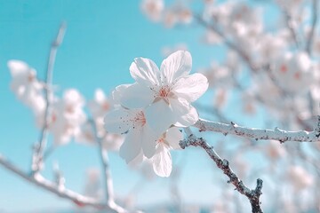 Wall Mural - Close-up of white blossom against bright blue sky, on tree branches, beauty of spring