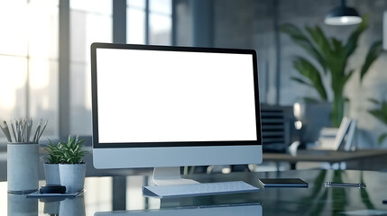Wall Mural - stylish office background with a computer monitor featuring a transparent png cutout screen for pers