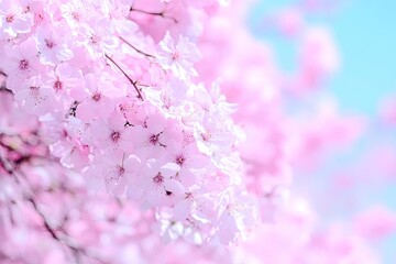 Wall Mural - Pink blossoms against clear blue sky create a gentle, bright spring scene