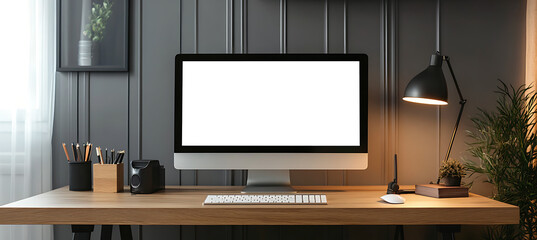 Wall Mural - a modern desk setup featuring a transparent png screen for personalized branding in clean office bac