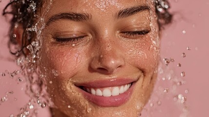 Wall Mural - skin care and hydration concept. smiling woman with eyes closed and water splash around the face on light pink background