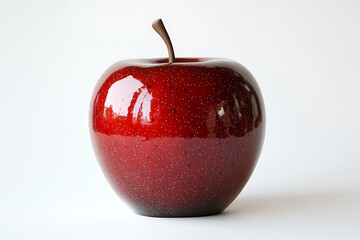 Wall Mural - Shiny red speckled apple with a brown stem stands against a clean white backdrop