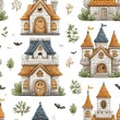 © Lalada - Whimsical Cartoon Stone Castles and Houses Seamless Pattern
