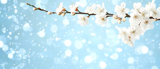 Wall Mural - Branch of white blossoms on light blue background with bokeh and snow effect