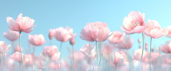 Wall Mural - A soft field of pink flowers bloom under a light blue sky