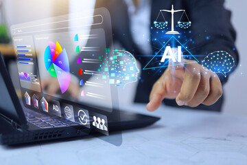 Wall Mural - ai ethical concept with businessman working with laptop on desktop to searching marketing data by ai