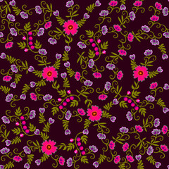Wall Mural - Bright seamless floral pattern with pink flowers, buds, green leaves and berries on a dark brown background. Beautiful print for fabric in folk style.