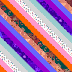 Wall Mural - diagonal patchwork pattern with solid and floral stripes in vector. seamless bright print for fabric