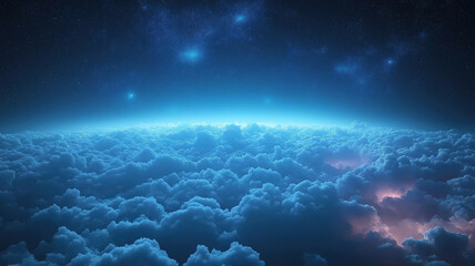 Wall Mural - an above clouds view reveals a celestial cloudscape under a starry night sky for elegant design