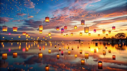 Wall Mural - serene sunset reflection illuminated floating lanterns on calm water at dusk