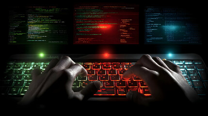 a coder working with colorful code on multiple screens