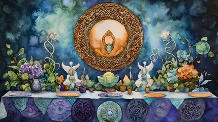 A detailed watercolor painting of a mystical table setting.