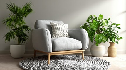 Wall Mural - Contemporary living room with gray furniture, armchair, green plant in a pot, round carpet on the floor, and a light empty mock-up wall background.