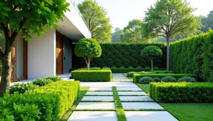 Wall Mural - modern minimalist garden, geometric hedges, stone pathways, hedge, geometric