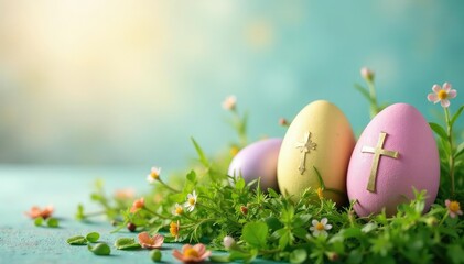 Wall Mural - pastel-colored easter eggs decorated with resurrection symbols, nestled in spring grass , eggs, deco