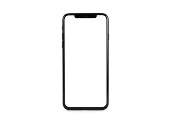 A smartphone with a blank screen displayed vertically upright isolated on white background