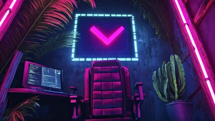 futuristic workspace with neon lights and modern technology