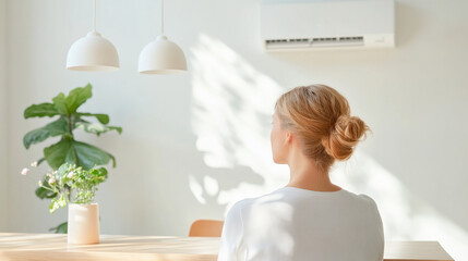 Aufkleber - woman sitting in bright, minimalist room with natural light, indoor plants, and air conditioner on wall, creating serene atmosphere