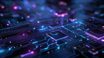 Futuristic blue and purple circuit board background with glowing digital lines and abstract tech design