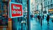 © SOEM - A 'Now Hiring' sign on a store window with a busy street in the background.