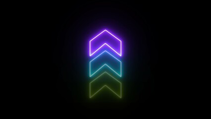 Wall Mural - Neon up arrow icon photo. Neon sign arrow multi color light signal image on black background.