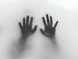 © lareyna - pair of hands pressed against misted glass, grayscale photography, mysterious mood