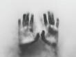 © lareyna - translucent hands on foggy glass, monochromatic, mysterious, ethereal, somber atmosphere