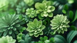Abstract 3D rendered greenery showcasing realistic succulents in 4K resolution, side angle revealing calming textures and depth, an organic, natural background.