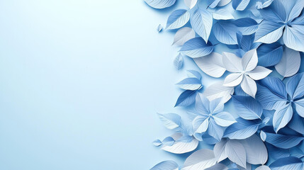 Wall Mural - realistic 4k 3d abstract background displays a serene arrangement of blue and white stylized leaves,