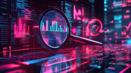 Data analysis with magnifying glass on glowing futuristic interface for business intelligence analytics