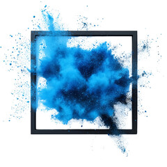 Wall Mural - Explosive vibrant cloud of turquoise powder within a sleek square frame composition, isolated on transparent background